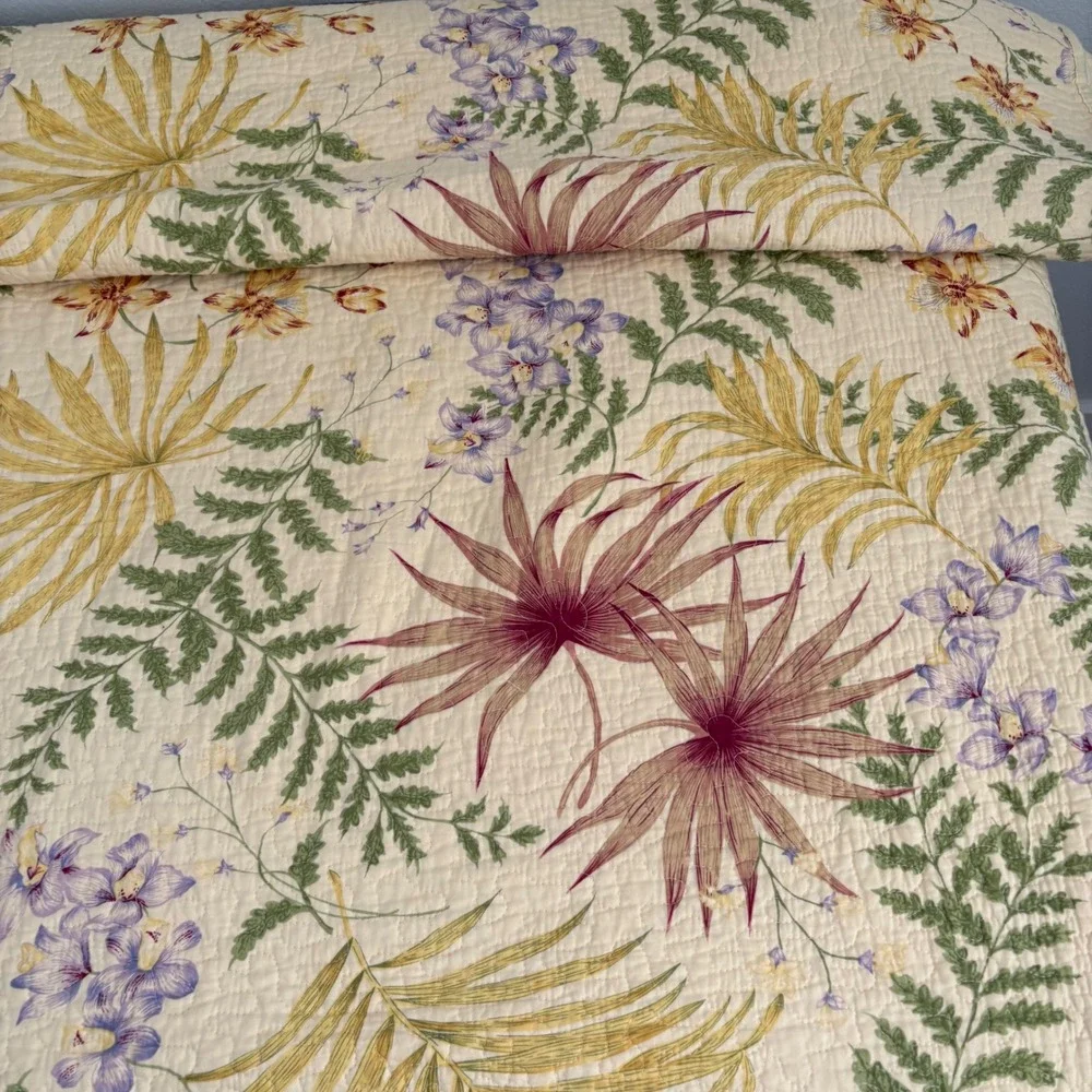 Tropical Floral Quilted Bedspread Orchid Fern Palm Leaf Reversible Queen 90x86